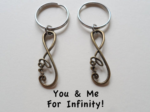 Double Keychain Set Bronze Infinity Love Symbol Keychain - You And Me For Infinity; Couples Keychain Set