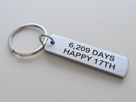 Aluminum Tag Keychain Engraved with "6,209 Days, Happy 17th"; 17 Year Anniversary Keychain