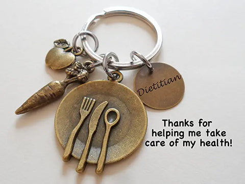 Dietitian Keychain with Apple, Carrot, & Plate Charm, Nutritionist Keychain