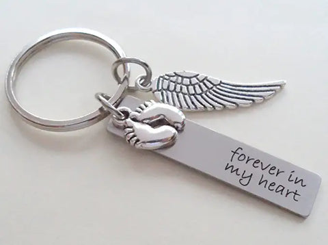 Forever in My Heart Engraved Steel Rectangle Tag Keychain with Baby Feet & Wing Charm, Memorial Keychain