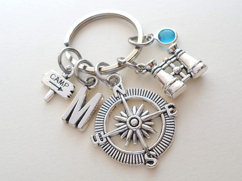 Custom Compass Charm Keychain with Binoculars Charm & Camp Sign Charm and Personalized Letter Charm, Summer Camp or Youth Camp Keychain