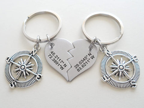 Custom Engraved Coordinates Connecting Keychain Set with Compass Charms, Steel Tags, Anniversary Gift Keychains, Long Distance Relationship GPS Keychains