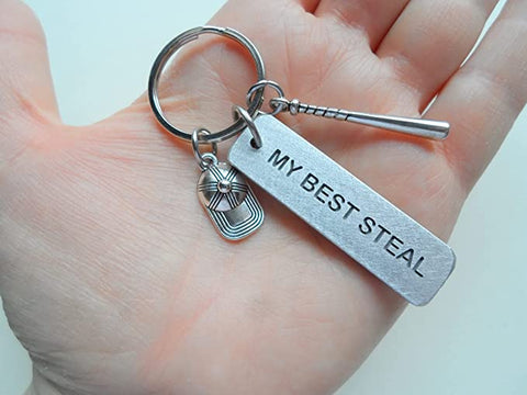 Baseball or Softball Keychain with "My Best Steal" Engraved on Aluminum Tag with Baseball Cap & Bat Charm