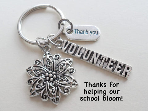 Volunteer Charm Keychain with Flower Charm, Volunteer Charm, and Thank You Charm, Volunteer Appreciation Keychain