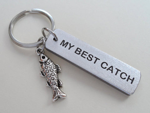 Personalized "My Best Catch" Keychain With Engraved Anniversary Date on Aluminum Tag With Fish Charm Keychain, Couples Keychain
