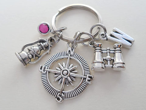 Custom Compass Charm Keychain with Binoculars Charm & Lantern Charm and Personalized Letter Charm, Summer Camp or Youth Camp Keychain