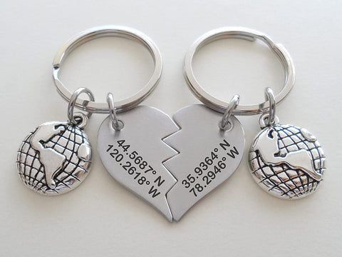Custom Engraved Coordinates Connecting Keychain Set with Globe Charms, Steel Tags, Anniversary Gift Keychains, Long Distance Relationship GPS Keychains