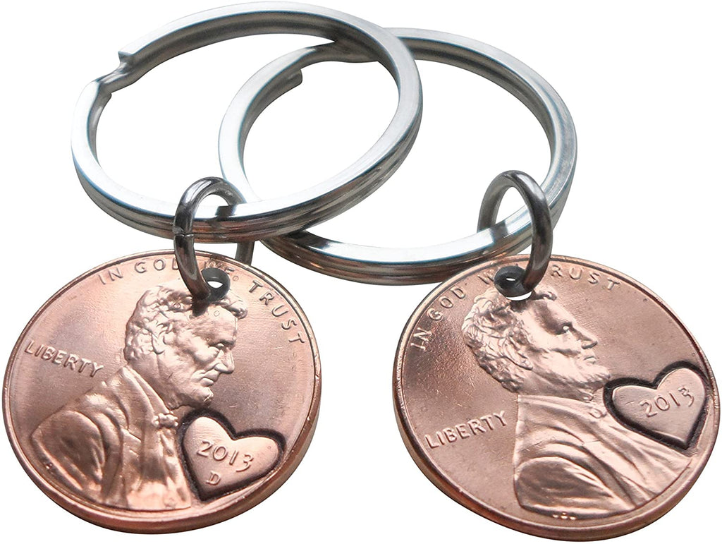 Double Keychain Set 2013 Penny Keychains with Engraved Heart Around Year; 9 Year Anniversary Gift, Couples Keychain