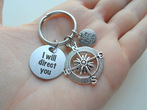 Compass Keychain with Love Faith Hope Circle Charm and I Will Direct You Circle Charm, Religious Keychain