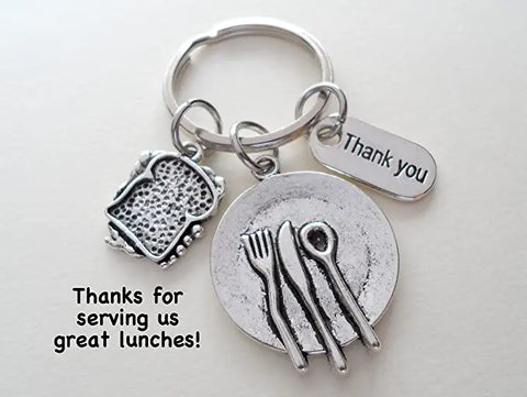 School Lunch Server & Food Service Employee Keychain; Plate & Sandwich Charm Keychain; Thank You Appreciation Keychain