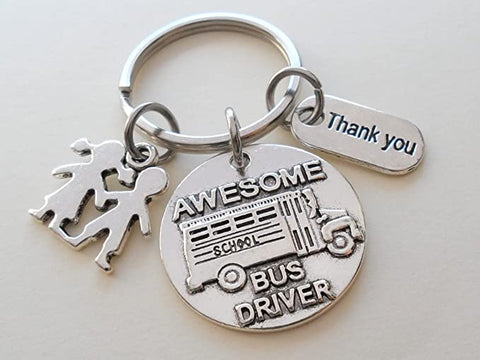 Awesome Bus Driver Appreciation Keychain with Children Charm & Thank You Charm, School Bus Driver Keychain