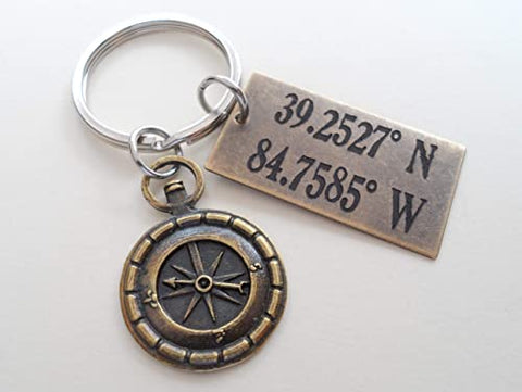 Custom Bronze Compass Keychain with Engraved Coordinates Tag for Couples or Best Friends, Anniversary Gift Keychain