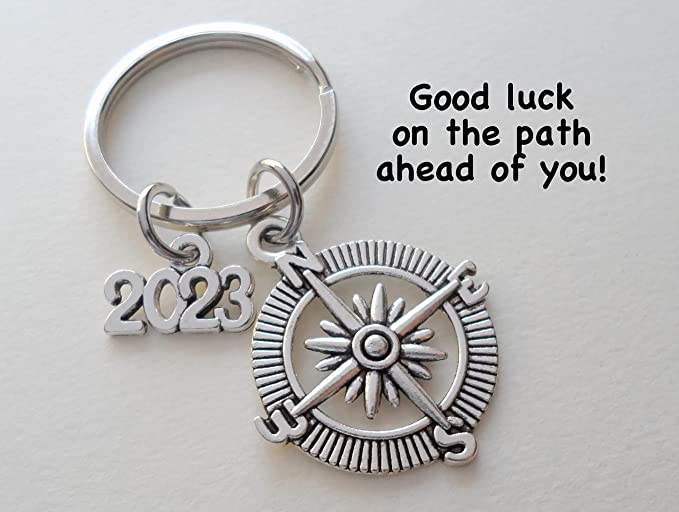 Good Luck on the Path Ahead of You Open Metal Compass Keychain with Year Charm, Graduation Gift Keychain