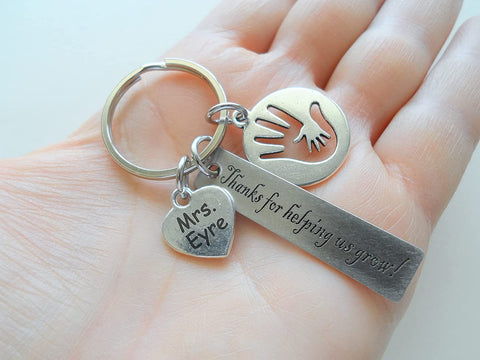 Custom Engraved Teacher Keychain with Hand Charm; Teacher Appreciation Gift