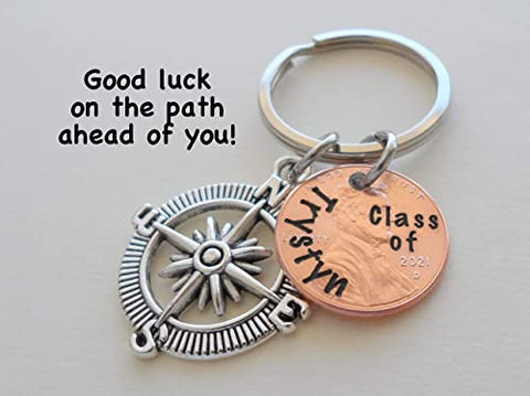 Custom Engraved Graduation Penny Keychain with Compass Charm, Class of 2023 Personalized Graduate Keychain, Gift for Graduate