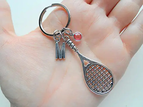 Custom Tennis Racquet Charm Keychain with Add-on Letter & Optional Birthstone Charms, Graduate Keychain, Tennis Player Keychain