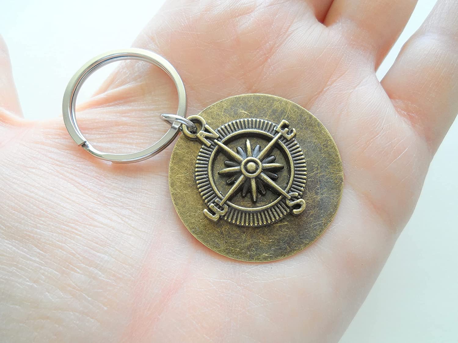 Custom Bronze Compass Keychain with Engraved Disc for Couples or Best JewelryEveryday
