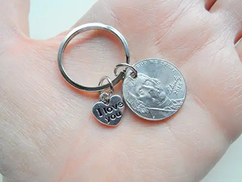 Custom Nickel Keychain with I Love You Heart Charm, Year Anniversary Gift, Husband Wife Key Chain, Boyfriend Girlfriend Gift, Customized Couples Keychain