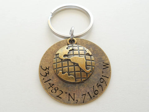 Custom Bronze World Globe Keychain with Engraved Disc for Coordinates, Couples Anniversary Keychain, Long Distance Relationship Keychain