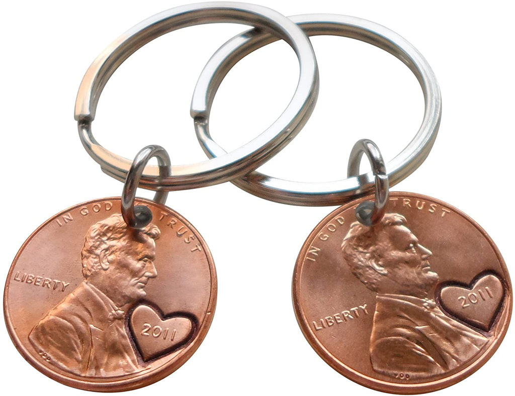 14 Year Anniversary Gift | Double Keychain Set 2011 Penny Keychains with Heart Around Year & Engraved by Jewelry Everyday