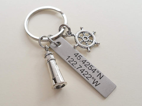 Custom Lighthouse & Ships Helm Keychain with Engraved Steel Tag for Couples or Best Friends, Anniversary Gift Keychain