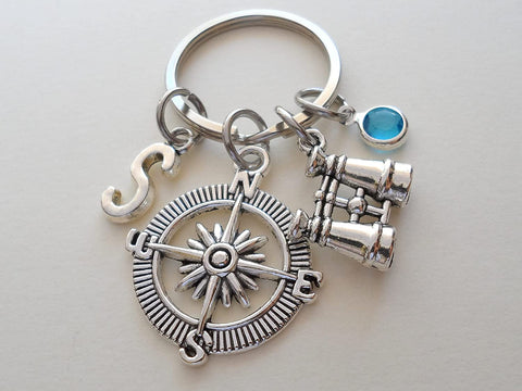 Custom Compass Charm Keychain with Binoculars Charm and Personalized Letter Charm, Summer Camp or Youth Camp Keychain