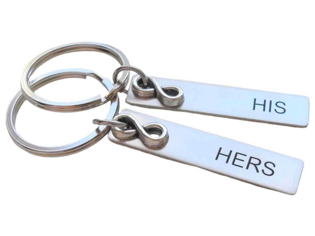 His & Hers Hand Engraved Keychains with Infinity Charm Layered Over, Stainless Steel Tag Keychains