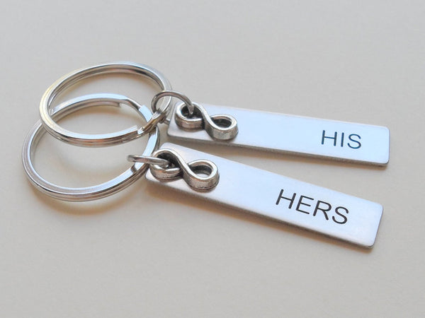 His & Hers Hand Engraved Keychains with Infinity Charm Layered Over, Stainless Steel Tag Keychains