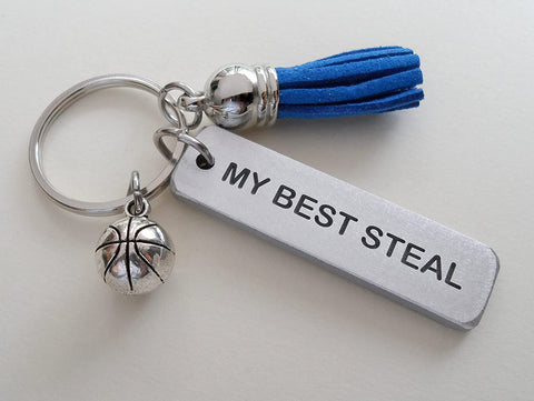 Custom Engraved "My Best Steal" Aluminum Keychain with Basketball Charm and Blue Tassel; Couples Anniversary or Team Player Gift