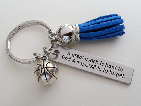 Custom Engraved Coach Keychain with Sport Charm and Blue Tassel Charm; Coach Appreciation Gift