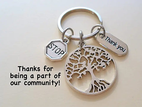 Crossing Guard Charm Keychain with Tree Charm, Stop Sign Charm, and Thank You Charm, School Crosswalk Aide Appreciation