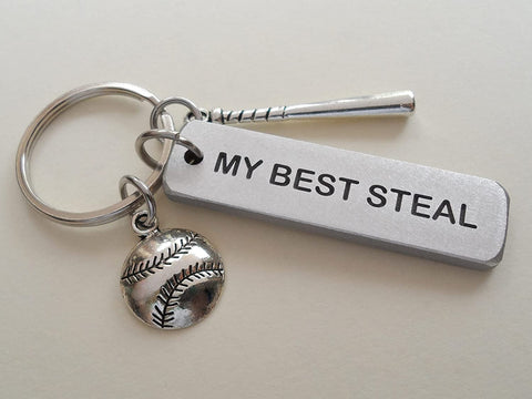 Custom Engraved "My Best Steal" Aluminum Tag Keychain with Baseball & Bat Charm; Couples Anniversary Gift