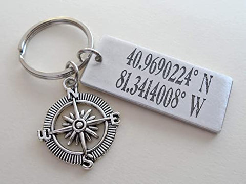 Custom Engraved Coordinates Keychain Aluminum Tag, Anniversary Gift Keychain, Special Occasion GPS Keychain with Compass Charm