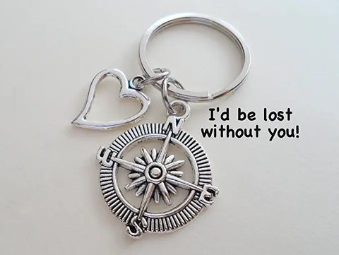 Compass Keychain with Heart Charm - I'd Be Lost Without You; Couples Keychain