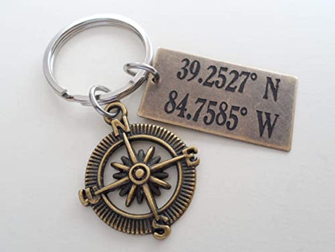 Custom Bronze Compass Keychain with Engraved Coordinates Tag for Couples or Best Friends, Anniversary Gift Keychain