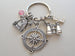 Custom Compass Charm Keychain with Binoculars Charm & Camping Backpack Charm and Personalized Letter Charm, Summer Camp or Youth Camp Keychain