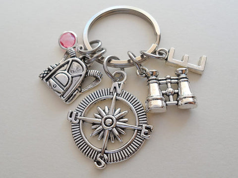 Custom Compass Charm Keychain with Binoculars Charm & Camping Backpack Charm and Personalized Letter Charm, Summer Camp or Youth Camp Keychain