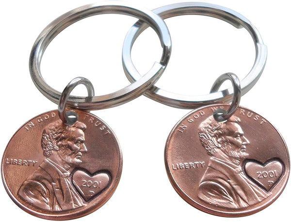 Double Keychain Set 2001 Penny Keychains with Engraved Heart Around Year; 21 Year Anniversary Gift, Couples Keychain