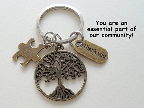 Bronze Puzzle Piece & Tree Keychain, Community Volunteer Gift, Service Group Thank You Gift Keychain