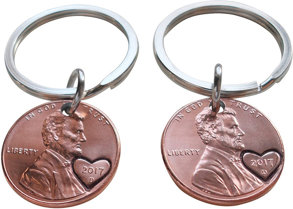 Double Keychain Set 2017 Penny Keychains with Heart Around Year - 7 Year Anniversary, Couples Keychain