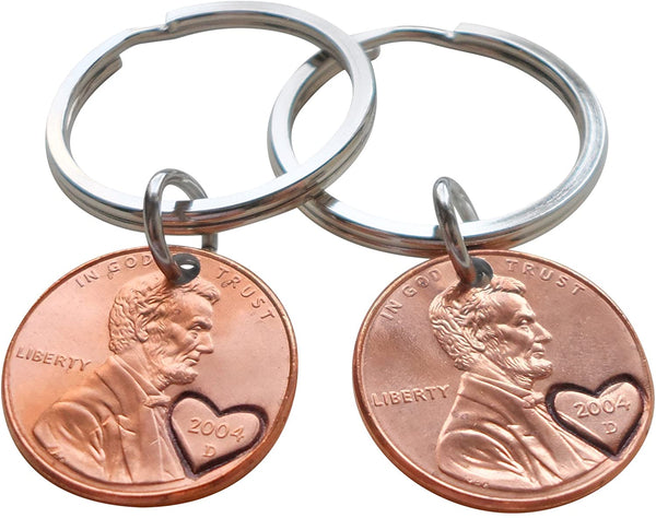 Double Keychain Set 2004 Penny Keychains with Engraved Heart Around Year; 18 Year Anniversary Gift, Couples Keychain