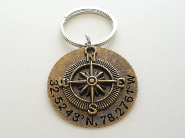 Custom Bronze Compass Keychain with Engraved Disc for Couples or Best Friends, Anniversary Gift Keychain