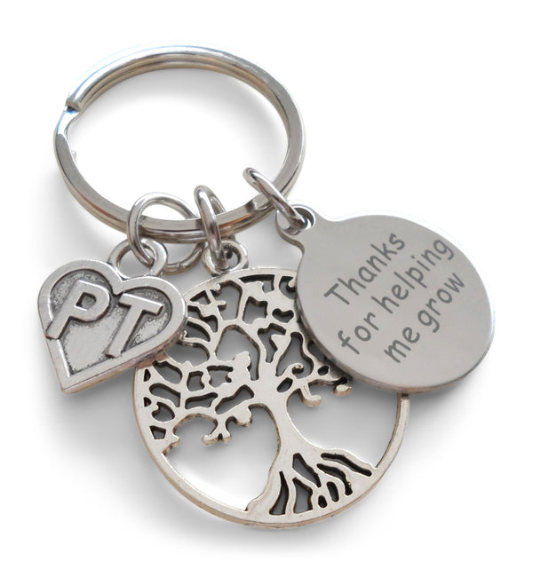 Physical Therapist Keychain with Tree & "Thanks for helping me grow" Engraved Disc Charm; PT Appreciation Gift