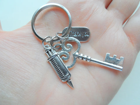 Key, Syringe & Thank You Charm Keychain, Medical Professional Keychain, Nurse Appreciation Keychain