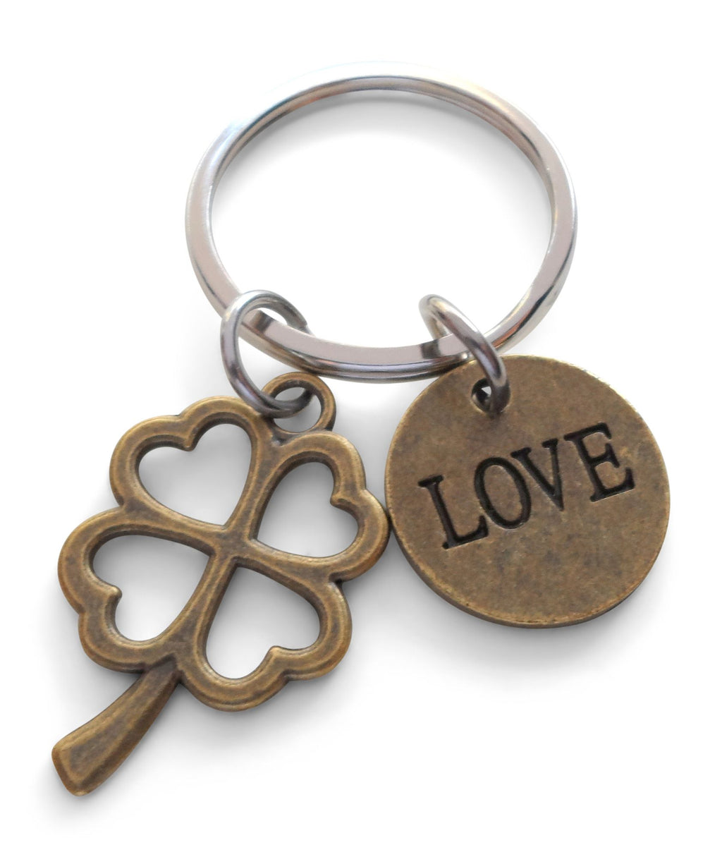 Love Disc Charm with Bronze Four Leaf Clover Keychain - Lucky to Have You