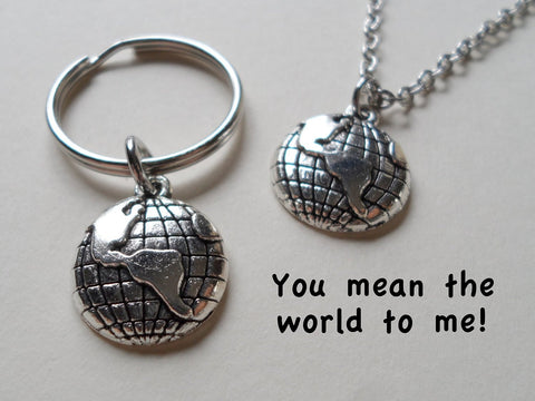 World Globe Necklace and Keychain Set - You Mean The World To Me; Couples Keychain Set