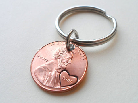 14 Year Anniversary Gift • 2008 Penny Keychain w/ Engraved Heart Around Year by Jewelry Everyday