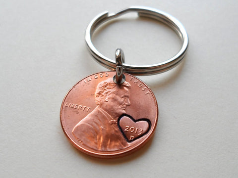 2013 Penny Keychain with Engraved Heart Around Year; 9 Year Anniversary Gift, Couples Keychain