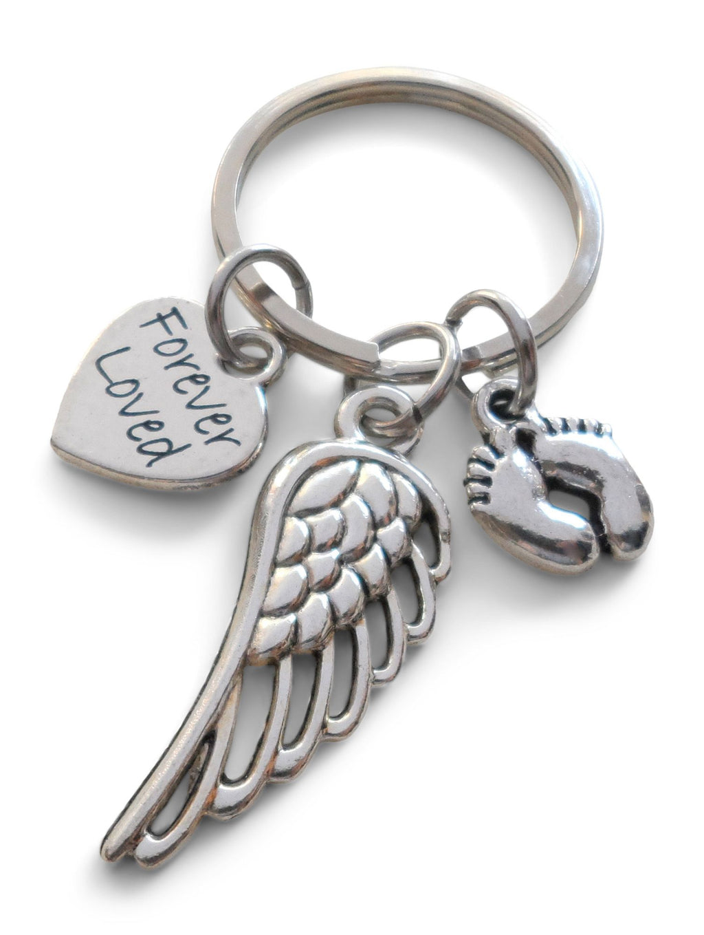 Baby Feet Charm & Wing Charm Keychain with a Forever Loved Heart Charm, Baby Loss Memorial Keychain