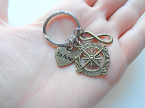 Bronze Compass & Infinity Charm Keychain with Heart Tag Engraved "Te Amo" (I Love You) in Spanish, Couples Keychain